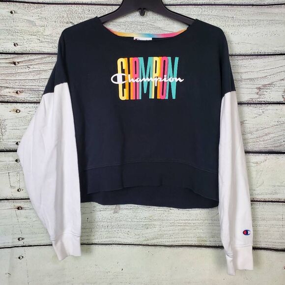 Champion Women’s Cropped Sweatshirt Size S Black White Colorblock Logo Pullover - Picture 1 of 6